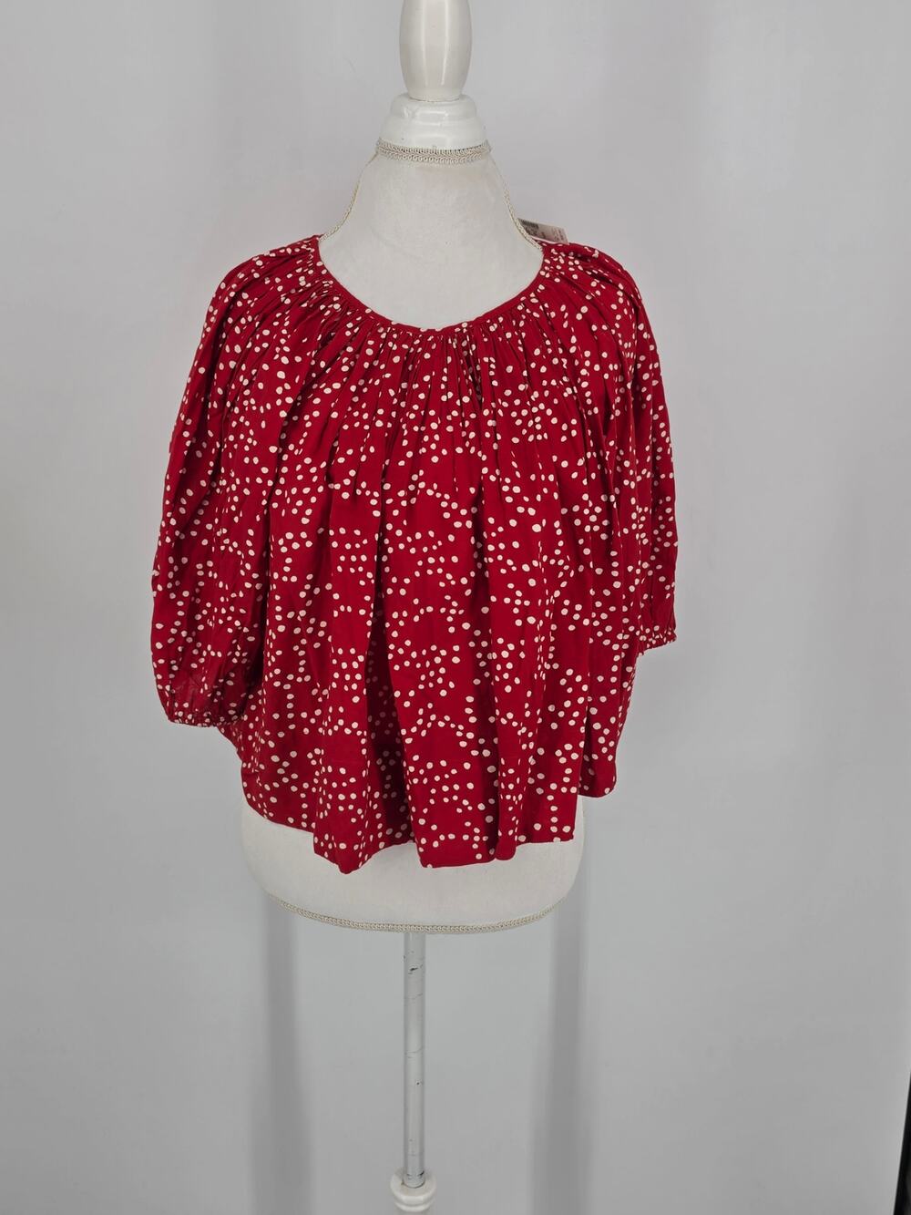 Madewell NWT Polka Dot Blouse Red White Gathering Puff Sleeve Women M